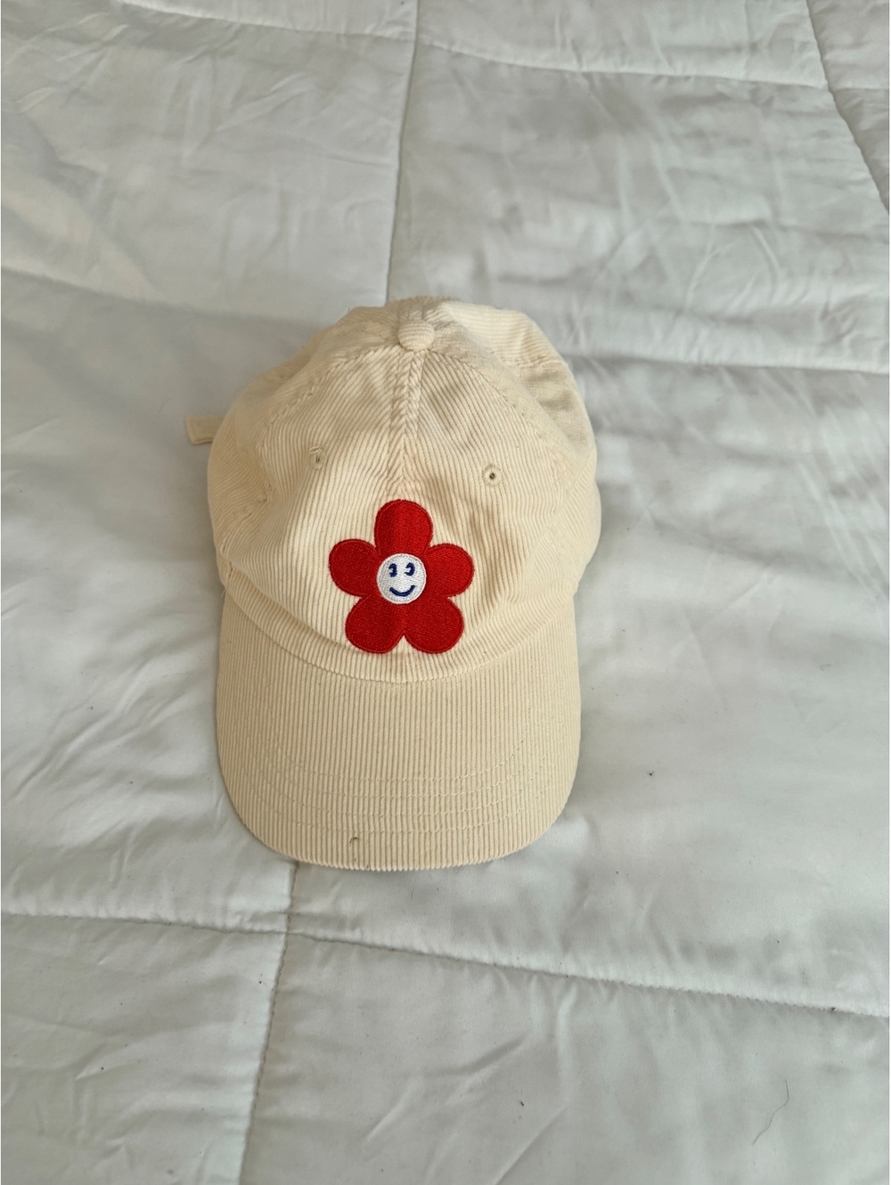 Corduroy Beige Baseball Cap with Red Smiley Flower Embroider